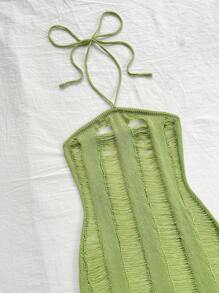 Soleia 女士度假風格綁頸帶腰帶特別中空針織夏季畢業典禮和婚禮派對可愛午餐綠色貼身連身裙 - 綠色 - 查看 7