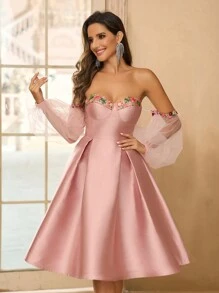 SHEIN Belle 女款優雅浪漫精緻迷人艾莉斯藍緞帶肩露膀露肩裙，褶皺細節泡泡袖，高腰A字擺裙，適合海灘假期、音樂節、畢業典禮、舞會、婚禮、晚宴、雞尾酒會、單身派對、下午茶、約會或聚會。 - 藍色 - 查看 3