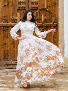 Damen Blumenprint Stand-Kragen Laternenhülse elegantes Kleid