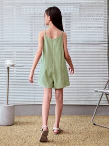 SHEIN Tween Girl Casual Woven Solid Color Jumpsuit With Spaghetti Straps, Spring/Summer - Green - View 2