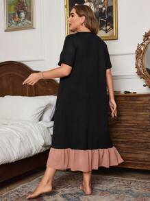 Plus Size Women's Chiffon Ruffle Trim Patchwork Pajama Night Dress, Long Dress, Moo Moo - Black - View 2