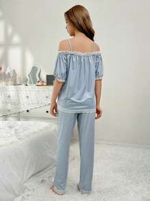 Lichtblauwe, eenvoudige, losse pasvorm, top met korte mouwen en lange broek, 2-delige homewear-set voor tienermeisjes