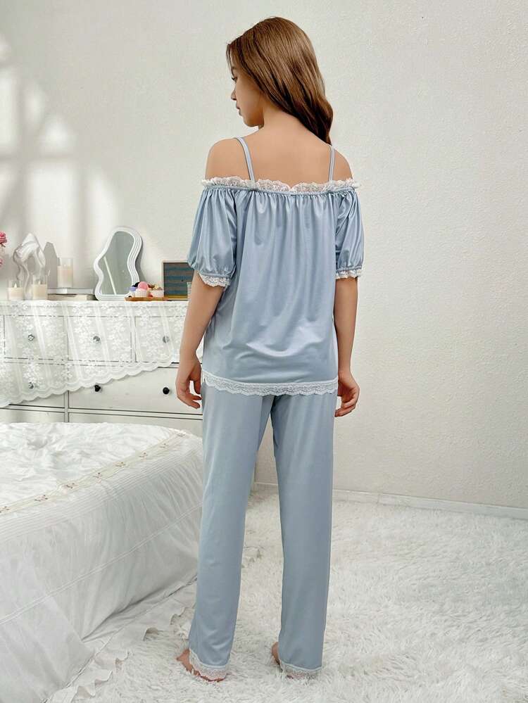 Teenage Girls' Light Blue Simple Loose Fit Short Sleeve Top And Long Pants 2-Piece Homewear Set