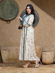Women's Notched Neck Leaf Print Casual Arabic Style Dress - Multicolor - View 7