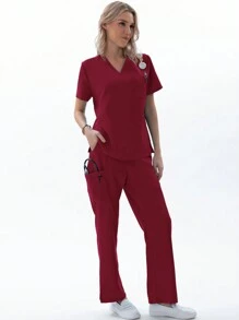 TaskEZ Burgundy Red Women Nurse Uniform Matte Scrubs Set, V-Neck Scrub Top With 1 Pocket & Drawstring Scrub Pants With 4 Pockets - Burgundy - View 8