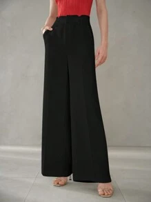 MOTF PREMIUM SOLID SLANT POCKET SEAM FRONT WIDE LEG SUIT PANTS - Black - View 1