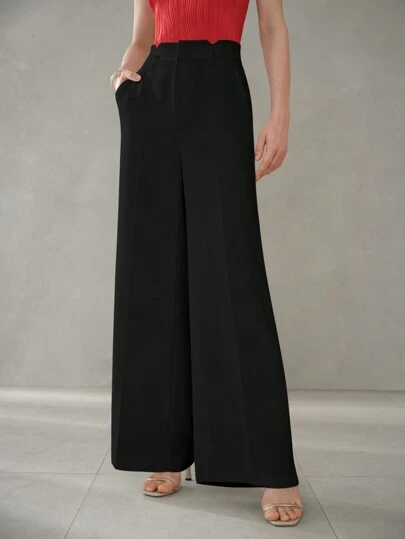 MOTF PREMIUM SOLID SLANT POCKET SEAM FRONT WIDE LEG SUIT PANTS