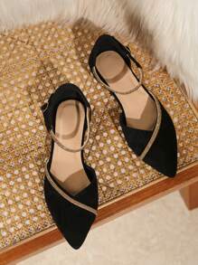 Giày bệt nữ mùa thu 2025 có mũi giày đính đá vàng, quai đeo mắt cá chân có khóa, dép xăng đan thời trang bằng da lộn màu đen thực sự gợi cảm và đa năng, hoàn hảo cho mùa hè - màu đen - Xem 5