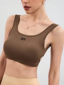 Easithlete Áo ngực thể thao in chữ bên hông dành cho nữ - Màu Khaki - Xem 2