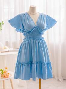 Soleia Plus Size Summer WYWH Casual Holiday Pastoral Romantic Blue Texture Ruffled Waist Dress - Blue - View 3