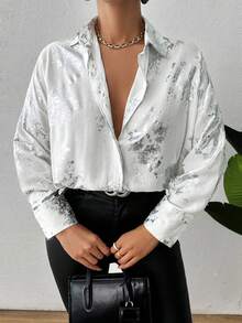 EURMUSE All-Over Silver Metallic Gold Foil Printed Single Pocket Front Button Women's Shirt - White - View 5