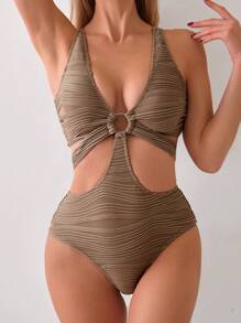 SHEIN Swim Holiday Style Texture Cut Out Ring One-Piece Swimsuit Bathing Suit For Summer Beach - Khaki - View 1