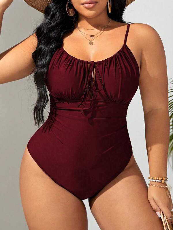 SHEIN Swim Curve 2025 Plus Size Women Solid Color Front Tie One-Piece Swimsuit Summer