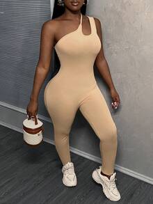Slaydiva Music Festival Casual One Shoulder Cut Out Bodycon Ribbed Summer Jumpsuit Unitard - Khaki - View 5