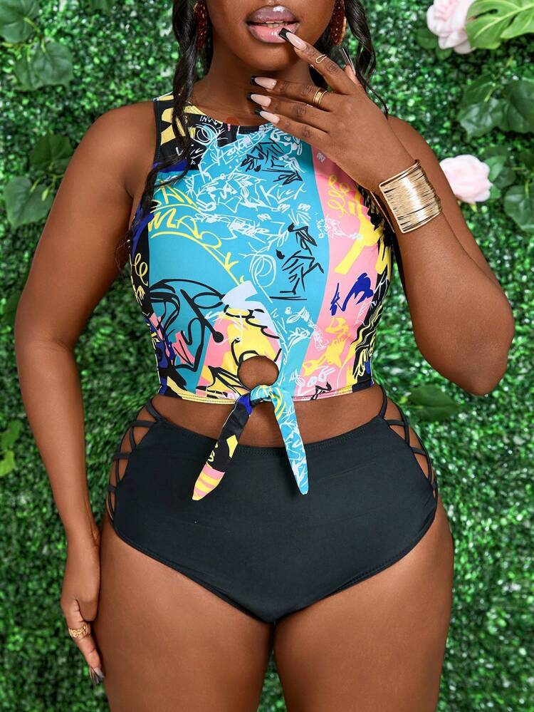 Women's Summer Beach Random Print Top & Solid Color Triangle Cutout Panties Tankini Set