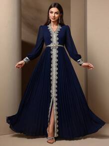 Women's Patchwork Webbing Long Sleeve Arabic Style Dress - Blue - View 1