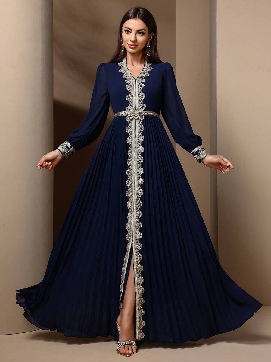 Women's Patchwork Webbing Long Sleeve Arabic Style Dress - Blue - View 1