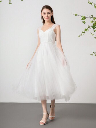 Elegant Lace Patchwork Net Bridesmaid Dress