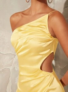L'Amorae One Shoulder Cut Out Satin Dress - Yellow - View 3