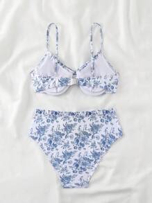 Swim Mod Bộ bikini cổ yếm in hoa dành cho nữ với họa tiết ngẫu nhiên, hoàn hảo cho kỳ nghỉ hè - Xanh và trắng - Xem 6