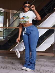 Quần jean nữ xếp chồng cỡ lớn có dây rút ở eo - Rửa trung bình - Xem 1