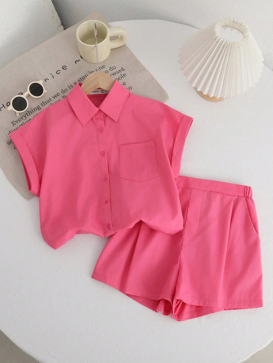 SHEIN Tween Girl Vacation And Casual Spring/Summer Solid Color Woven Short Sleeve Casual Shirt And Shorts Set - Watermelon Pink - View 1