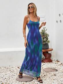 EURMUSE Navy Blue Mesh Printed Long Dress - Navy Blue - View 1