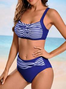 Swim Lushoire Conjunto de bikini de mujer de verano con rayas, nudo trenzado y estampado floral aleatorio, 2 piezas
