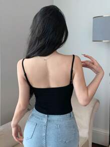 DAZY 女士纯色拼接蕾丝镂空吊带背心上衣外出上衣夏季背心 - 黑色 - 查看 4