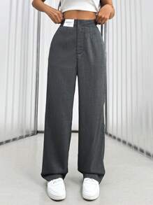 SHEIN Unity Loose Alphabet Jacquard Wide Leg Suit Pants For Women, High Waisted And Draped - Dark Grey - View 3