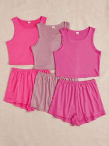 Conjunto casual de 3 piezas para mujer con chaleco unicolor sin mangas de cuello redondo y pantalones cortos para estar en casa