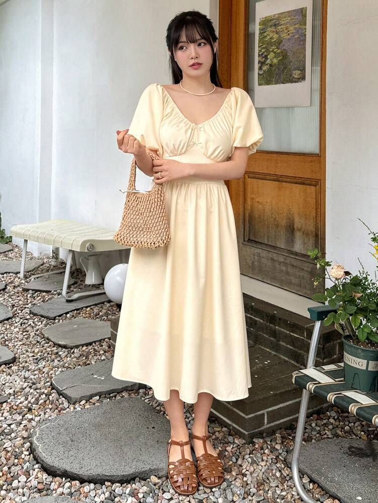 Women's Summer Solid Color V-Neck Pleated Puff Sleeve Long Elegant Dress Sundress,Casual Women Dresses