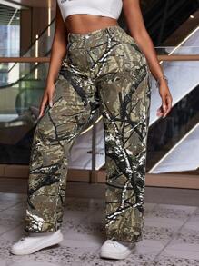 SHEIN SXY 大尺碼全印花直筒牛仔褲，有口袋設計