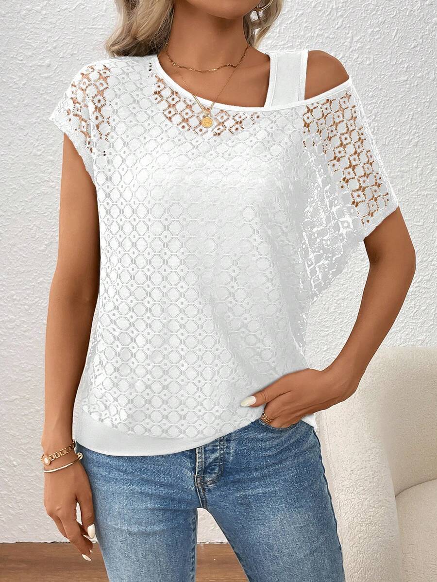SHEIN LUNE Women's Lace Spliced 2 In 1 Asymmetrical Neck Top For Holiday Party Clothes - White - View 1