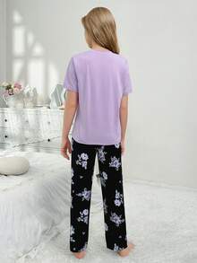 Conjunto de ropa de casa de 2 piezas para adolescente con parte superior morada de manga corta pura y pantalón con estampado floral morado - Morado - Ver 2