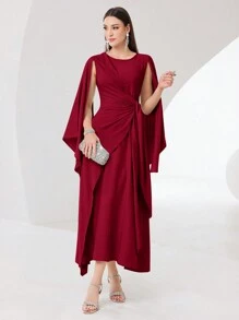 Modelyn 勃艮第红色斗篷袖结边裹身下摆端庄连衣裙长款晚礼服