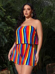 SHEIN SXY Cộng với kích thước lệch vai Ruffle cổ áo liền quần sọc xếp li đầy màu sắc - Nhiều màu - Xem 6