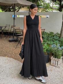 DAZY 纯色拼接V领无袖女式连衣裙太阳裙 - 黑色 - 查看 6