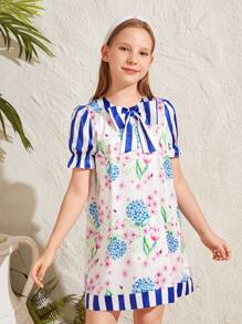 CAROL MANZI Designer Tween Girl Floral Flower & Striped Bowknot Bubble Short Sleeve Summer Dress, Holiday - Multicolor - View 3