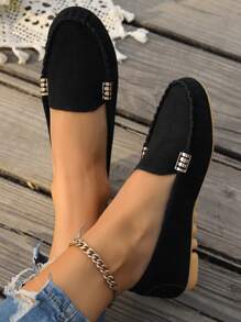 Casual Round Toe Slip-On Loafers, Solid Color, Comfortable, Breathable, Metal Buckle Accent, Hand-Sewn Lace, Black Fabric, Flat Soft Sole, Women Leisure Shoes, All Season
