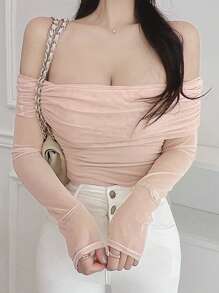 DAZY 女式露肩网眼T恤，露肩上衣长袖女式上衣