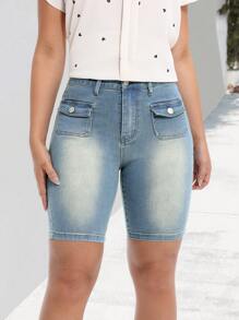 SHEIN LUNE Women's Plain Simple Denim Vintage Style Mid Length Shorts For Daily Wear
