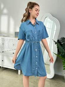 Vestido informal de mezclilla cómodo y ligero para uso diario de niña adolescente con lavado medio y cinturón de mezclilla - Lavado ligero - Ver 3