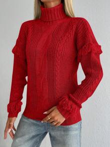 EURMUSE Solid Color Fringed Detail High Neck Sweater - Hot Pink - View 4