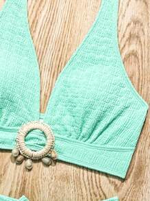 Swim Lushoire Women's Solid Color Halter Neck Bikini Set With Separated Bikini Set For Summer Beach Vacation Two Pieces Setgreen Two Pieces Settwo Piece Summer Women - Mint Blue - View 3
