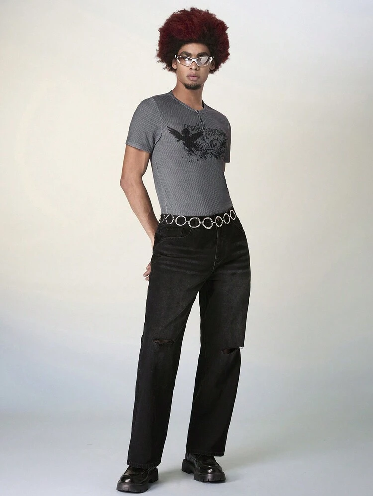 Men Casual Contrast Color Slim-Fit Short Sleeve T-Shirt With Angel Letter Printed Pattern, Summer