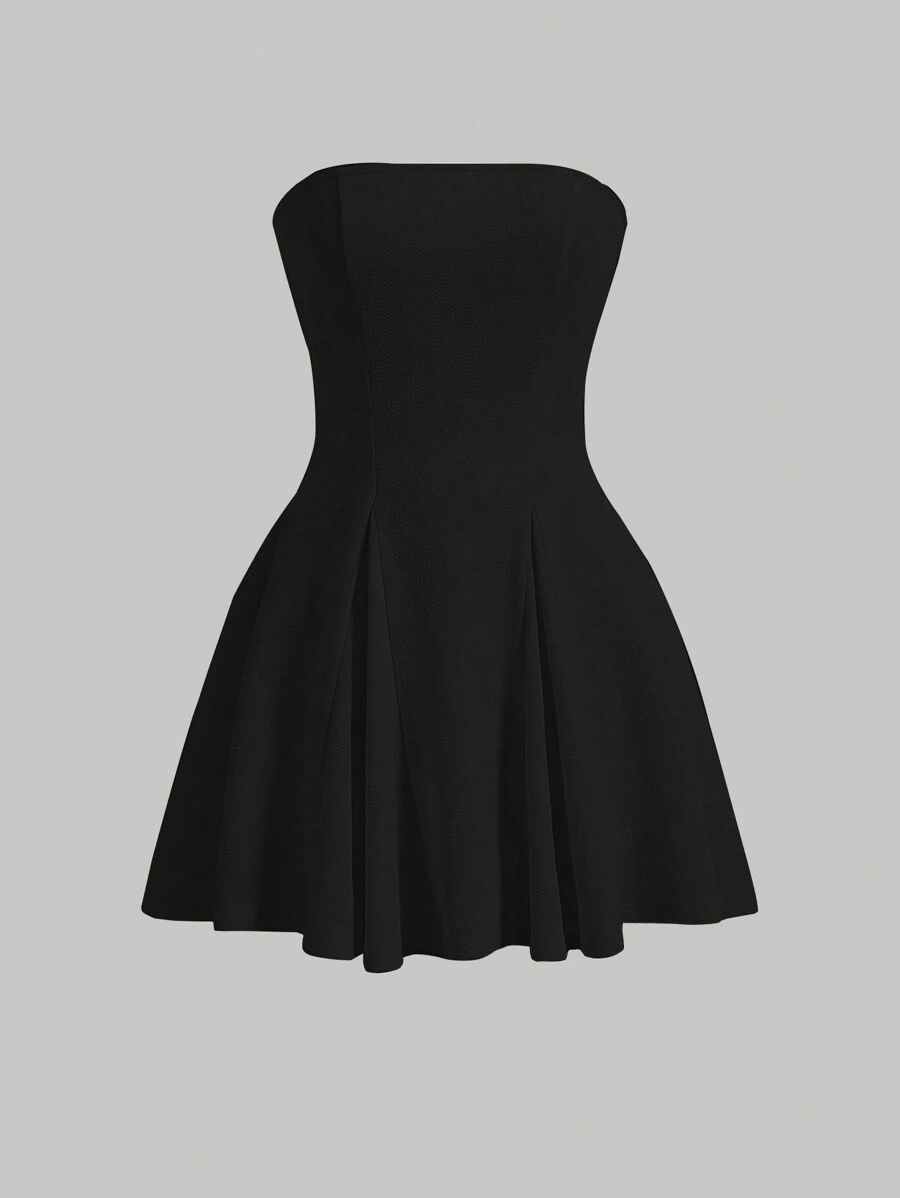 SHEIN MOD 女士黑色無肩帶雨傘擺無袖夏季連衣裙 - 黑色 - 查看 1