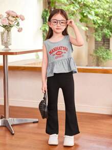 SHEIN Young Girl Korean Style Loose Fit Sleeveless Top With Round Neckline, Alphabet Pattern And Ruffle Trim - Light Grey - View 4
