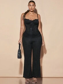 SHEIN BAE Sexy schwarze Spitzen-Plissee-Taille weite Hose in Große Größen für tägliche Sommerausflüge - Schwarz - Übersicht 3