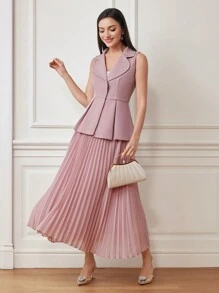 Modelyn Women's Solid Color Suit Set, Sleeveless Blazer And Pleated Skirt 2 Pieces Set - Pink - View 7